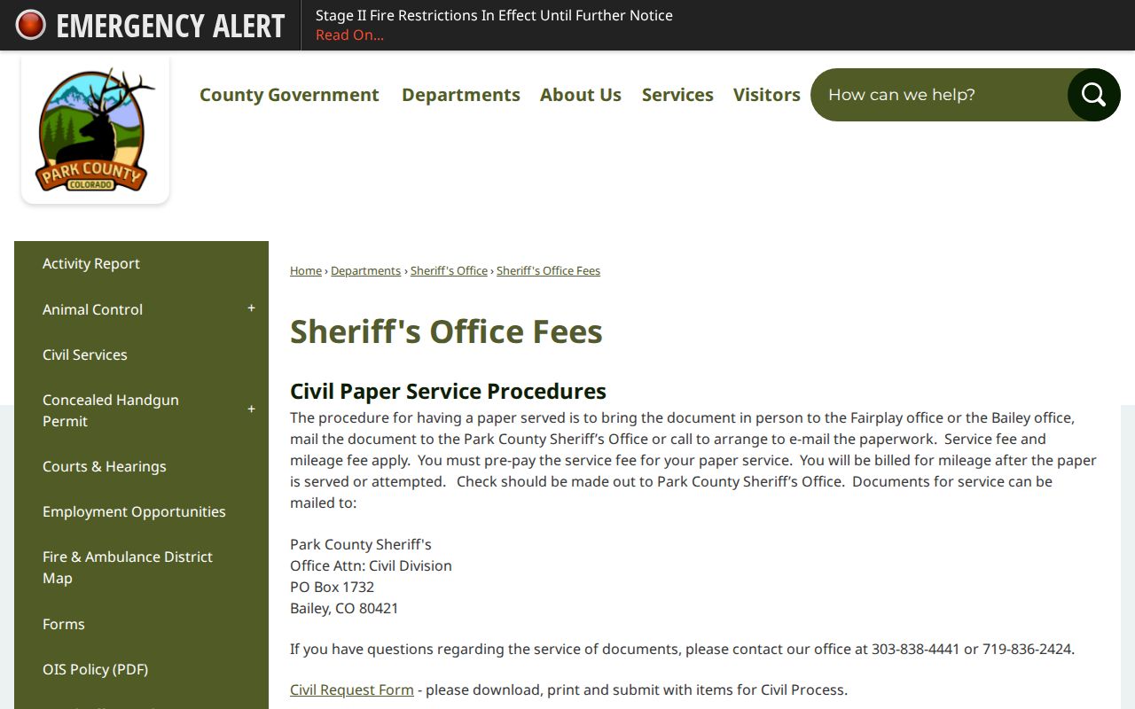 Park County arrest records sheriff fee information