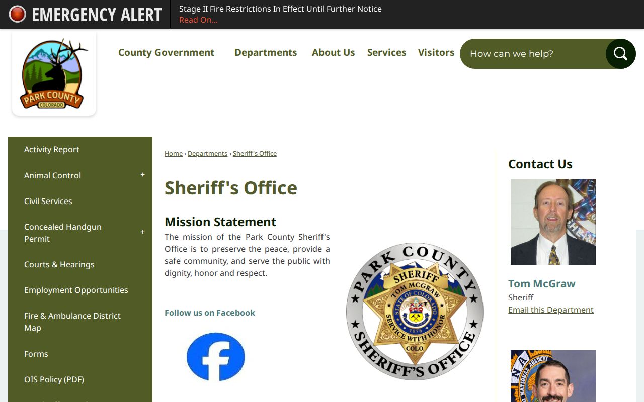 Park County Sheriff's Office official records and contact page