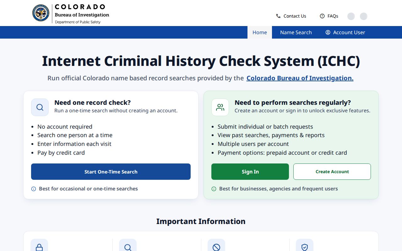 Colorado CBI Internet Criminal History Check search screen